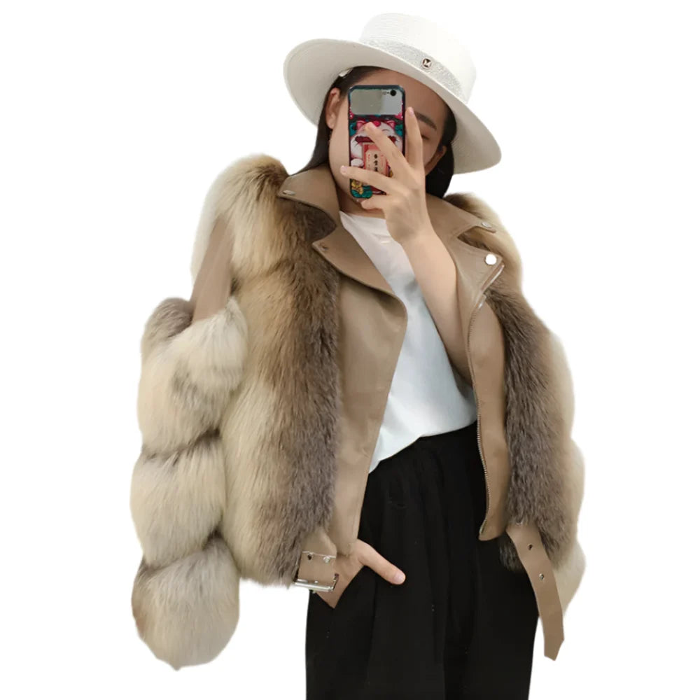 Real Fur Earmuffs Outdoor UseWomen's Luxury Beige Color Winter Genuine Leather Real Fox Fur Collar Jacket Real Fur Earmuffs Outdoor UseWomen's Luxury Beige Color Winter Genuine Leather Real Fox Fur Collar Jacket