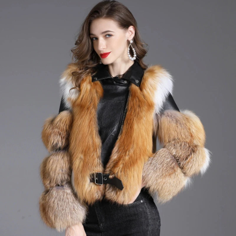 Real Fur Stole for Evening EventsWomen's Luxury Black Brown Winter Real Fox Fur Genuine Sheepskin Leather Jacket Real Fur Stole for Evening EventsWomen's Luxury Black Brown Winter Real Fox Fur Genuine Sheepskin Leather Jacket