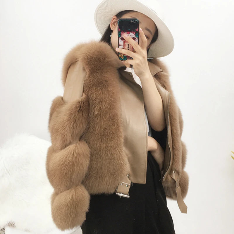 Real Fur Throws for Home Decor​Women's Luxury Brown Winter Real Fox Fur Genuine Sheepskin Leather Jacket