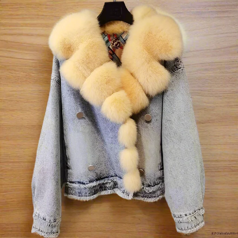 Real Fur Trimmed Nylon VestsWomen's Luxury Casual Warm Winter Denim Jacket with Real Fox Fur Collar Real Fur Trimmed Nylon VestsWomen's Luxury Casual Warm Winter Denim Jacket with Real Fox Fur Collar