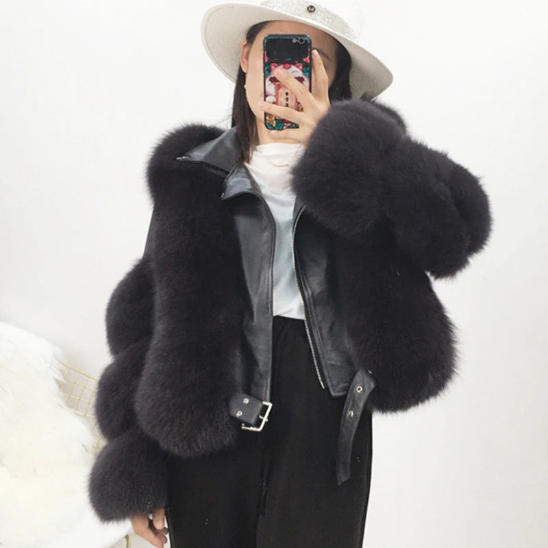 Real Fur Hats for Cold WeatherWomen's Luxury Dark Gray Winter Real Fox Fur Genuine Sheepskin Leather Jacket Real Fur Hats for Cold WeatherWomen's Luxury Dark Gray Winter Real Fox Fur Genuine Sheepskin Leather Jacket