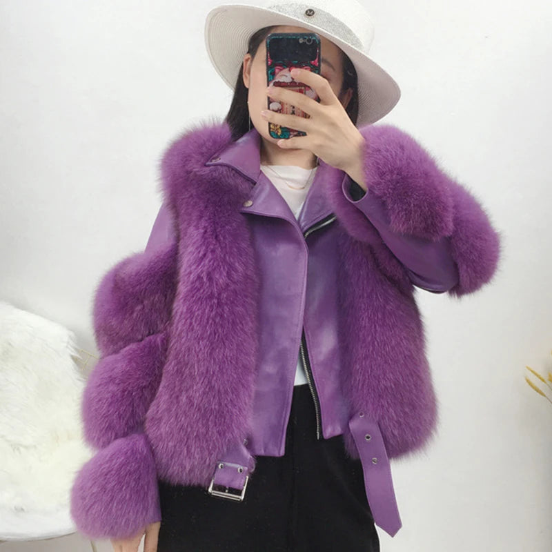 Real Fur Scarves Luxury Accessories​Women's Luxury Purple Winter Real Fox Fur Genuine Sheepskin Leather Jacket