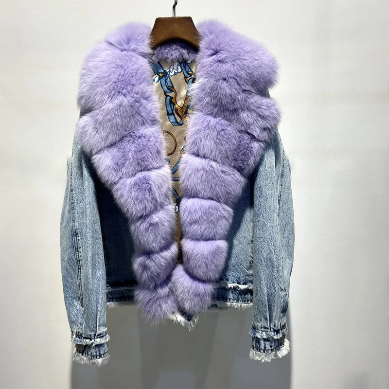 Real Fur Trimmed Velvet DressesWomen's Luxury Warm Winter Denim Jacket with Real Fox Fur Collar Real Fur Trimmed Velvet DressesWomen's Luxury Warm Winter Denim Jacket with Real Fox Fur Collar
