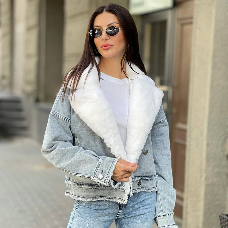 Real Fur Trimmed Leather JacketsWomen's Luxury Warm Winter Denim Jacket with Turn-down Real Fox Collar Real Fur Trimmed Leather JacketsWomen's Luxury Warm Winter Denim Jacket with Turn-down Real Fox Collar