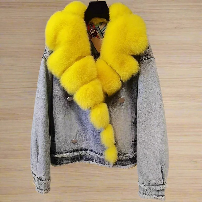 Real Fur Trimmed Polyester JacketsWomen's Luxury Warm Winter Real Fox Fur Collar Casual Denim Jacke Real Fur Trimmed Polyester JacketsWomen's Luxury Warm Winter Real Fox Fur Collar Casual Denim Jacke