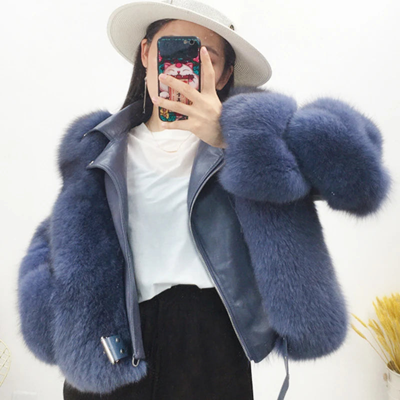 Real Fur Collars for CoatsWomen's Navy Blue Winter Real Fox Fur Collar Genuine Sheepskin Leather Jacket Real Fur Collars for CoatsWomen's Navy Blue Winter Real Fox Fur Collar Genuine Sheepskin Leather Jacket