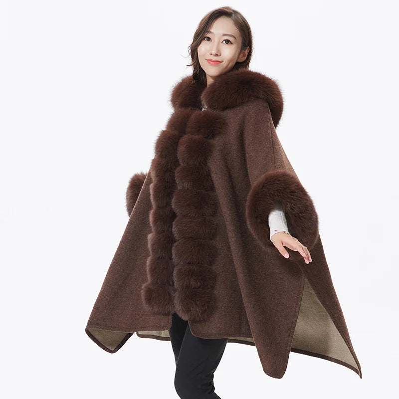 Real Fur Trimmed Woolen CoatsWomen's Real Fox Fur Batwing Sleeve Ponchos Coat with Fur Hood Real Fur Trimmed Woolen CoatsWomen's Real Fox Fur Batwing Sleeve Ponchos Coat with Fur Hood