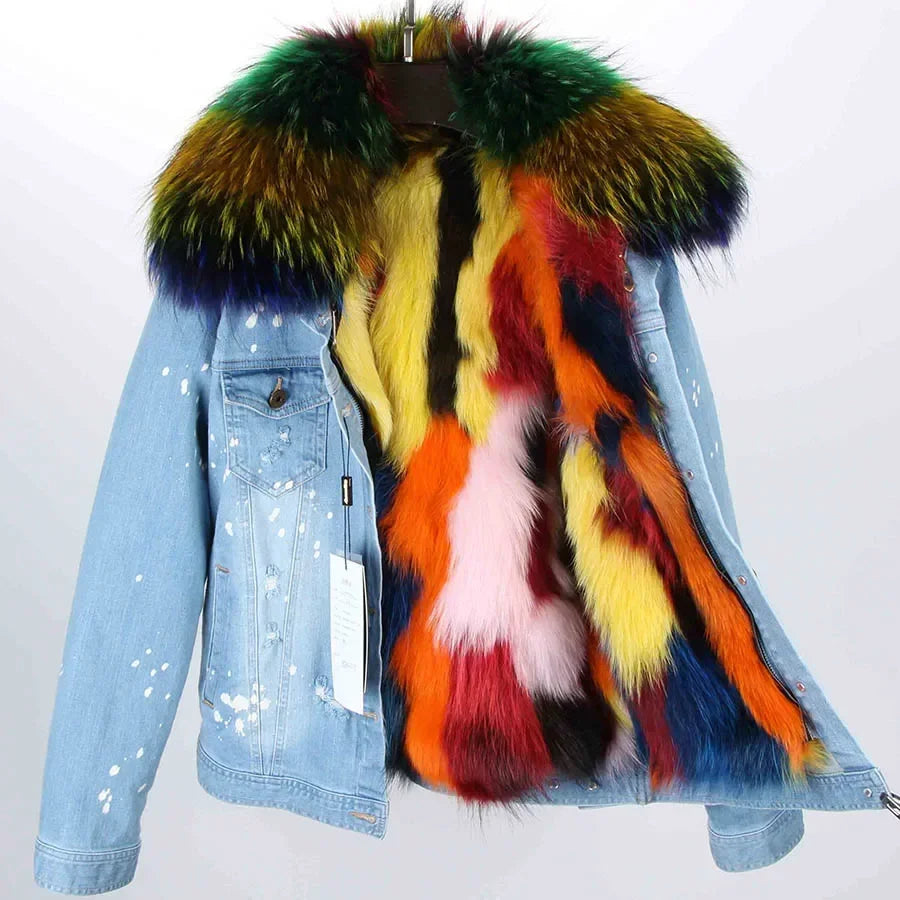 Real Fur Trimmed ShawlsWomen's Real Fox Fur Lined Large Raccoon Fur Collar Winter Denim Jacket Real Fur Trimmed ShawlsWomen's Real Fox Fur Lined Large Raccoon Fur Collar Winter Denim Jacket