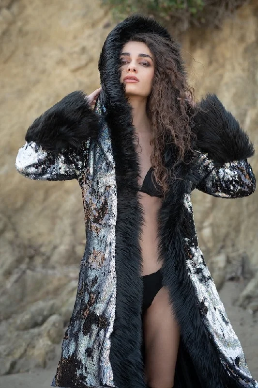 Women's cropped leather coats with silver studs for an edgy lookWomen's Sequin Temptress Coat in "Silver Hologram/ Black" Women's cropped leather coats with silver studs for an edgy lookWomen's Sequin Temptress Coat in "Silver Hologram/ Black"
