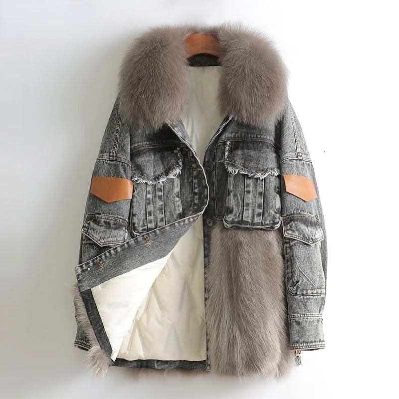 Water - resistant women's trench coats with adjustable cuffs for rainy daysWomen's Winter Denim Raccoon Fox Fur Collar Down Thick Warm Coats Water - resistant women's trench coats with adjustable cuffs for rainy daysWomen's Winter Denim Raccoon Fox Fur Collar Down Thick Warm Coats