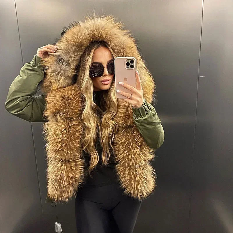 Real Fur Ornaments Christmas DecorWomen's Winter Real Fox Fur Trim Hooded Collar Short Bomber Jacket Real Fur Ornaments Christmas DecorWomen's Winter Real Fox Fur Trim Hooded Collar Short Bomber Jacket