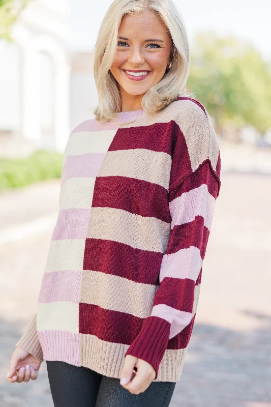 Women's Long Sleeve Turtleneck Cashmere SweatersAll About You Burgundy Red Striped Sweater Women's Long Sleeve Turtleneck Cashmere SweatersAll About You Burgundy Red Striped Sweater