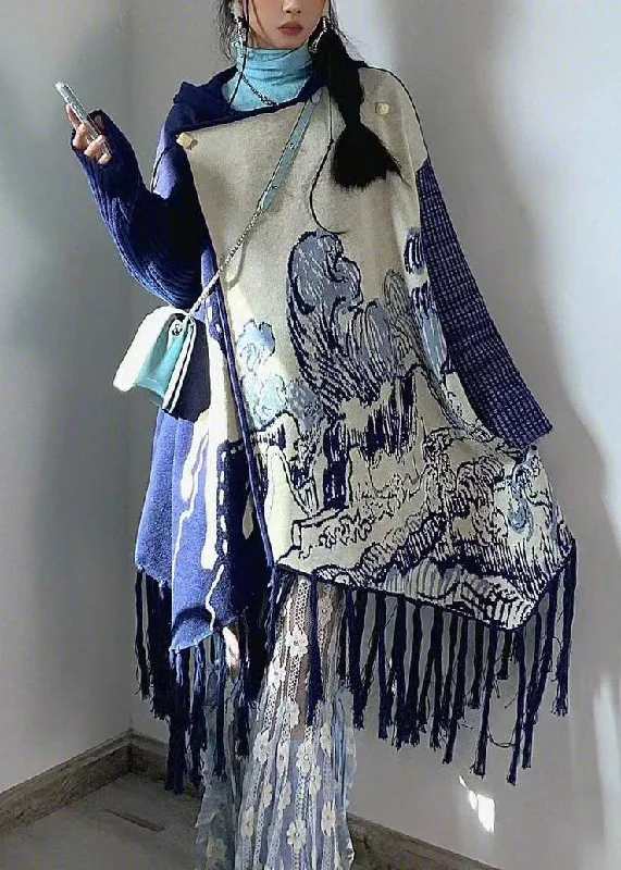 Longline Women's Mohair Sweater Dresses in a Loose FitArt Blue Hooded Tasseled Print Knit Dresses Fall Longline Women's Mohair Sweater Dresses in a Loose FitArt Blue Hooded Tasseled Print Knit Dresses Fall