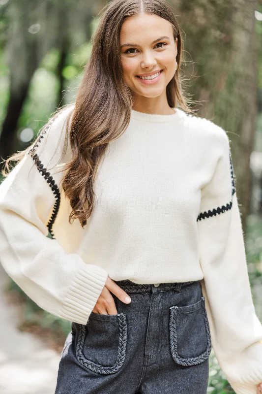 High - Low Hem Women's Cashmere - Blended SweatersBefore You Know It Cream White Contrast Stitch Sweater High - Low Hem Women's Cashmere - Blended SweatersBefore You Know It Cream White Contrast Stitch Sweater