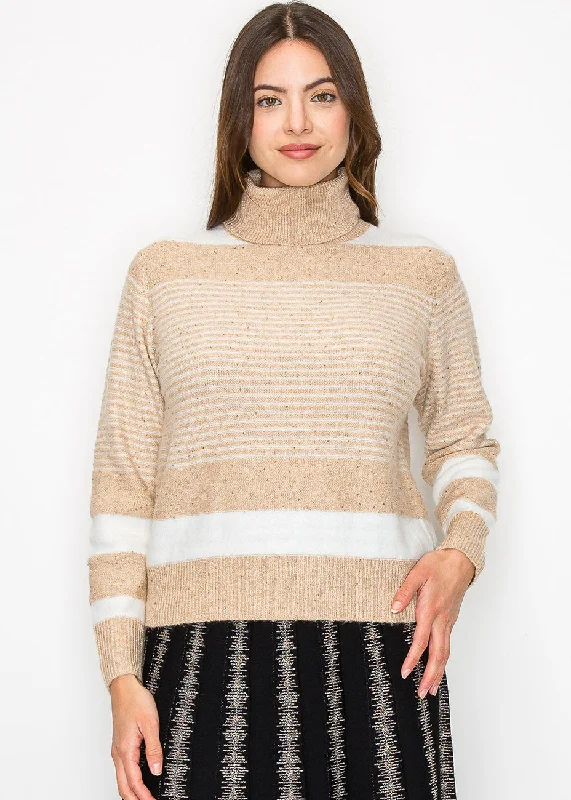 Cropped Women's Angora Blend Sweaters for a Trendy LookBeige Striped Turtleneck Sweater Cropped Women's Angora Blend Sweaters for a Trendy LookBeige Striped Turtleneck Sweater
