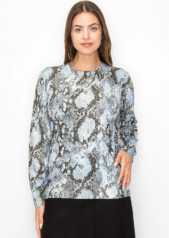 Tie - Front Women's Lambswool Sweaters in Pastel HuesBlue Snake Print Long Sleeve Top Tie - Front Women's Lambswool Sweaters in Pastel HuesBlue Snake Print Long Sleeve Top