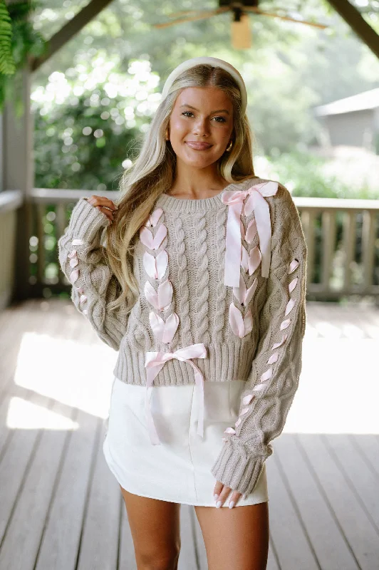 Hooded Women's Fleece - Lined Sweaters for WinterBraided Ribbon Sweater-Taupe