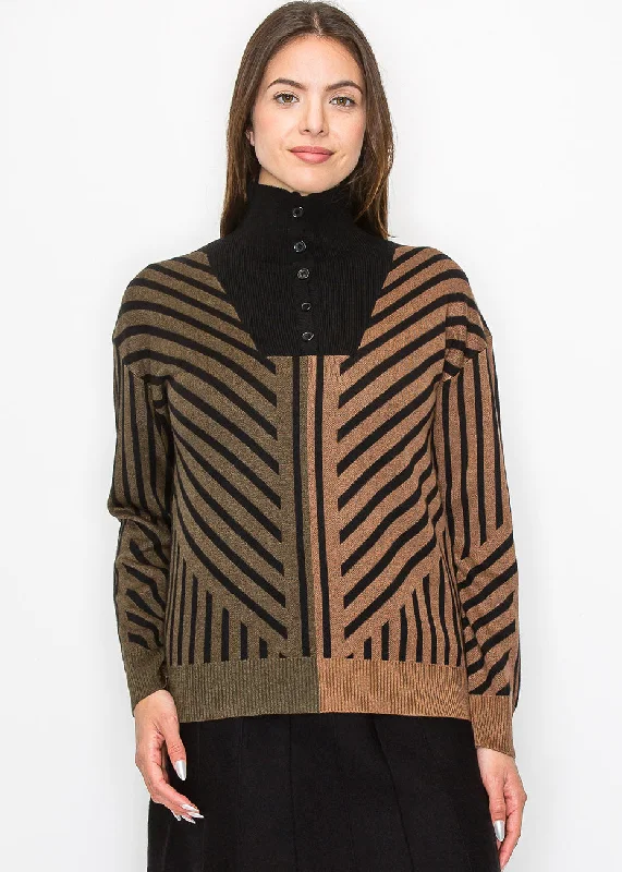 Split - Hem Women's Linen Blend Sweaters for SpringCamel & Black Sweater with Artistic Stripes Split - Hem Women's Linen Blend Sweaters for SpringCamel & Black Sweater with Artistic Stripes