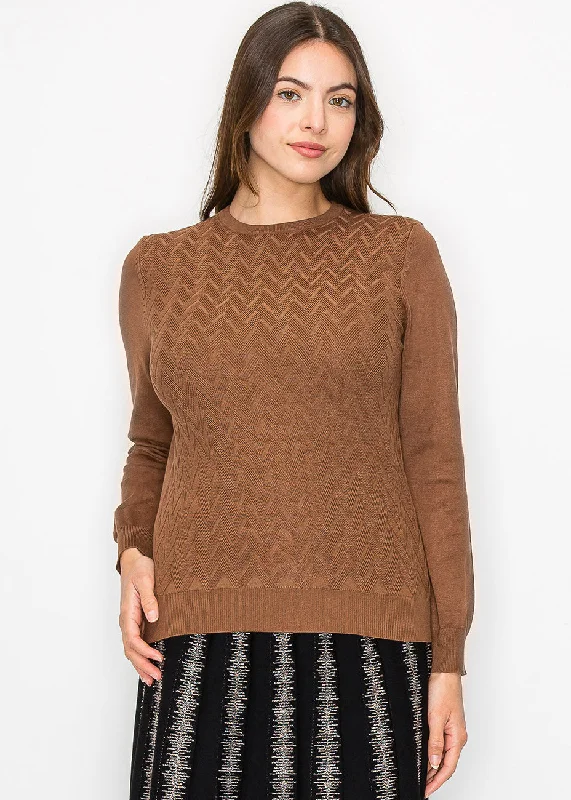 Split - Hem Women's Linen Blend Sweaters for SpringCamel Knit with Chevron Detail