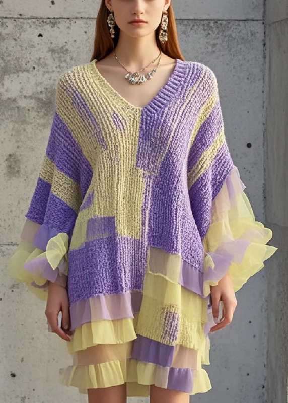 A - Line Women's Merino Wool Sweater Dresses in Classic StylesCasual Purple Ruffled Patchwork Knit Sweater Dress Fall A - Line Women's Merino Wool Sweater Dresses in Classic StylesCasual Purple Ruffled Patchwork Knit Sweater Dress Fall