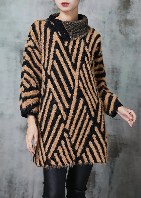 Sleeveless Women's Silk Blend Sweater Dresses for a Sophisticated LookChic Khaki Turtle Neck Striped Knit Long Sweater Winter Sleeveless Women's Silk Blend Sweater Dresses for a Sophisticated LookChic Khaki Turtle Neck Striped Knit Long Sweater Winter