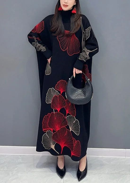 Belted Women's Cotton Blend Sweater Dresses for a Casual LookClassy Black Turtleneck Print Cotton Knit Long Dress Long Sleeve Belted Women's Cotton Blend Sweater Dresses for a Casual LookClassy Black Turtleneck Print Cotton Knit Long Dress Long Sleeve