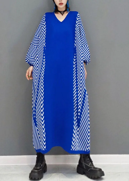 A - Line Women's Merino Wool Sweater Dresses in Classic StylesClassy Blue Striped Knit Long Dresses Spring A - Line Women's Merino Wool Sweater Dresses in Classic StylesClassy Blue Striped Knit Long Dresses Spring