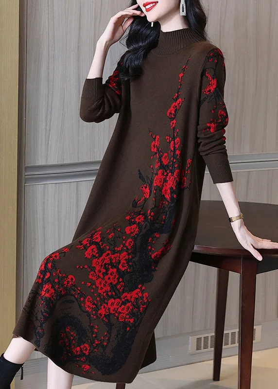 Belted Women's Cotton Blend Sweater Dresses for a Casual LookCoffee Patchwork Cotton Knit Long Dresses Turtleneck Spring Belted Women's Cotton Blend Sweater Dresses for a Casual LookCoffee Patchwork Cotton Knit Long Dresses Turtleneck Spring