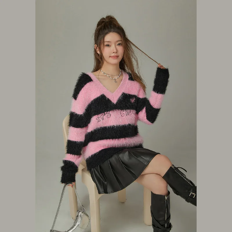 V - Neck Women's Ribbed Wool Sweaters for FallStriped V-Neck Knit Sweater