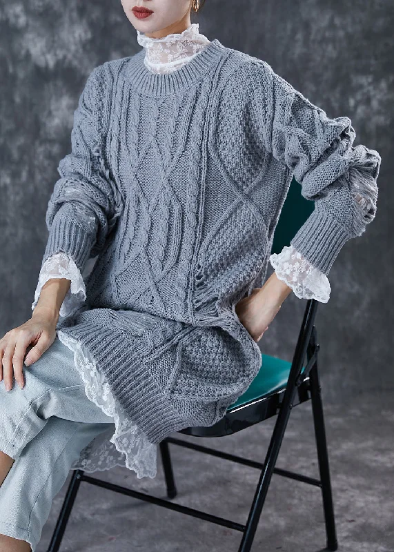 Plus Size Women's Fit - and - Flare Sweater Dresses with Ruffled HemElegant Grey Hollow Out Knit Ripped Sweater Dress Winter Plus Size Women's Fit - and - Flare Sweater Dresses with Ruffled HemElegant Grey Hollow Out Knit Ripped Sweater Dress Winter