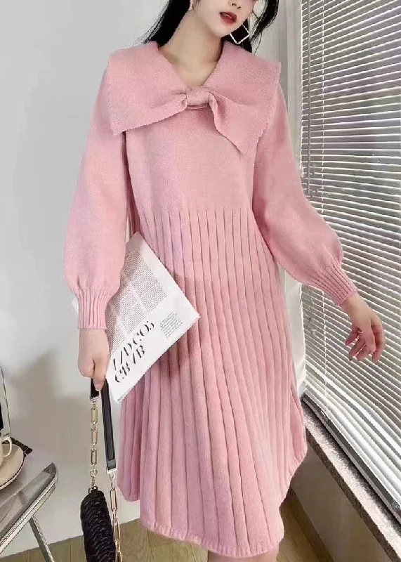 A - Line Women's Merino Wool Sweater Dresses in Classic StylesElegant Pink Bow Wrinkled Knit Sweater Dress Winter A - Line Women's Merino Wool Sweater Dresses in Classic StylesElegant Pink Bow Wrinkled Knit Sweater Dress Winter