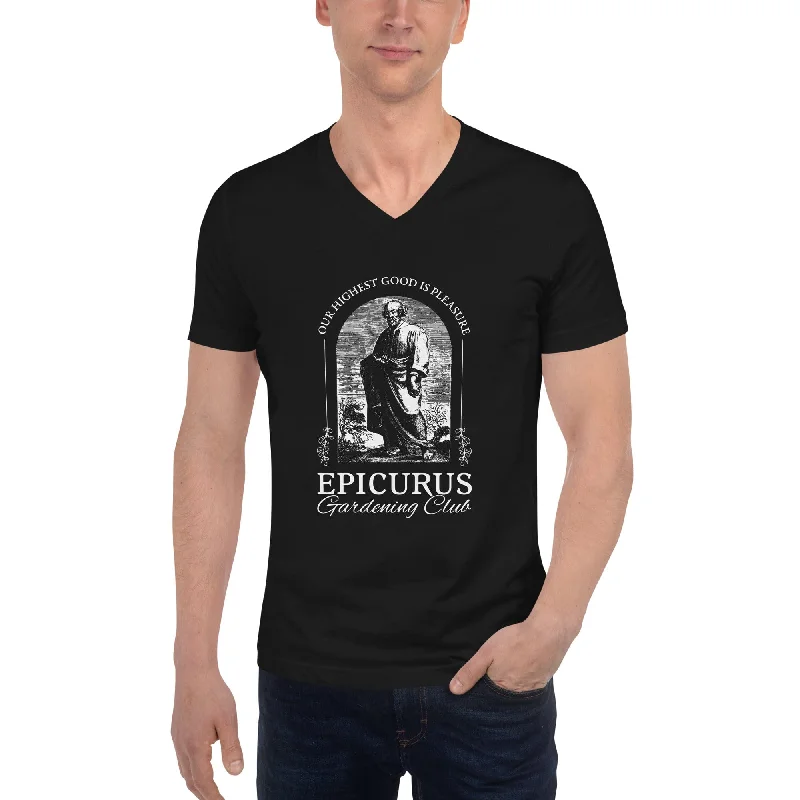 Embroidered Women T Shirt with Intricate DetailsEpicurus Gardening Club - Unisex V-Neck T-Shirt Embroidered Women T Shirt with Intricate DetailsEpicurus Gardening Club - Unisex V-Neck T-Shirt