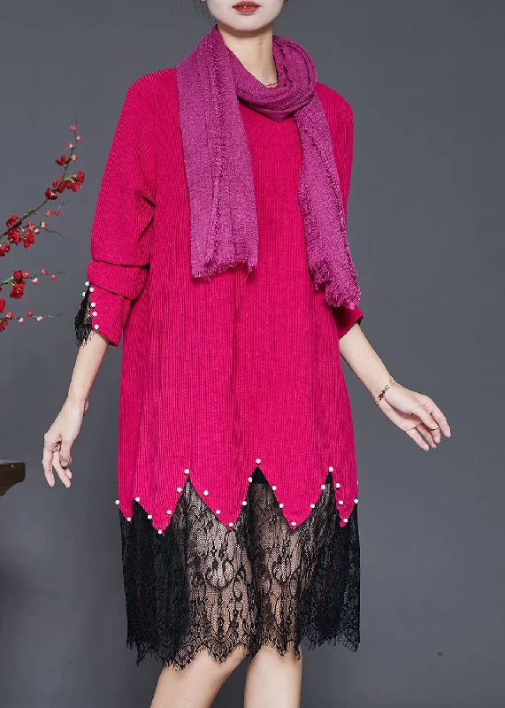 Plus Size Women's Turtleneck Sweater Dresses with Side SlitsFashion Rose Lace Patchwork Nail Bead Knit Dresses Spring Plus Size Women's Turtleneck Sweater Dresses with Side SlitsFashion Rose Lace Patchwork Nail Bead Knit Dresses Spring