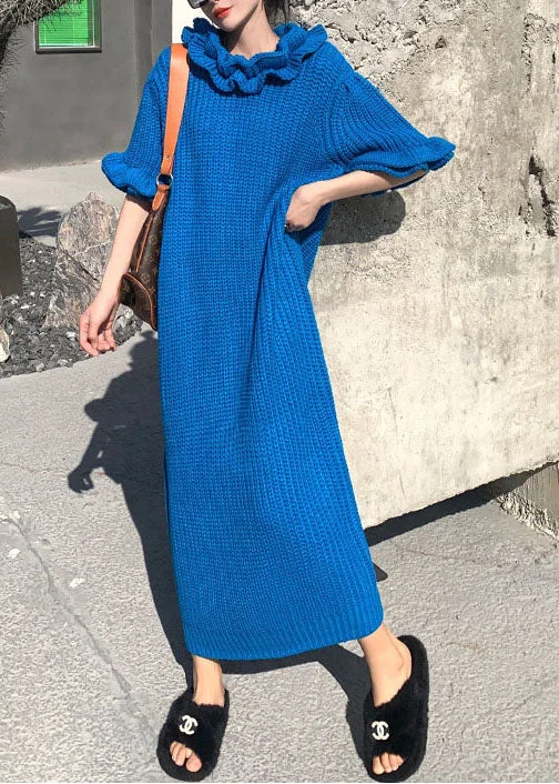 Women's Off - Shoulder Chunky Knit Sweater Dresses in Earth TonesFitted Blue Ruffled Knit Ankle Dress Petal Sleeve