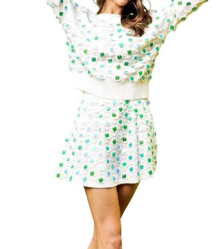 Beaded acrylic sweater skirts for a glamorous touchFour Leaf Clover Sweater Skirt In White Beaded acrylic sweater skirts for a glamorous touchFour Leaf Clover Sweater Skirt In White