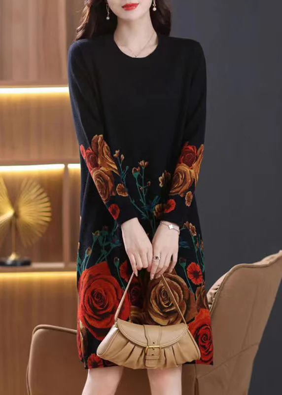 Belted Women's Cotton Blend Sweater Dresses for a Casual LookFrench Black O-Neck Print Wool Knit Dresses Spring Belted Women's Cotton Blend Sweater Dresses for a Casual LookFrench Black O-Neck Print Wool Knit Dresses Spring