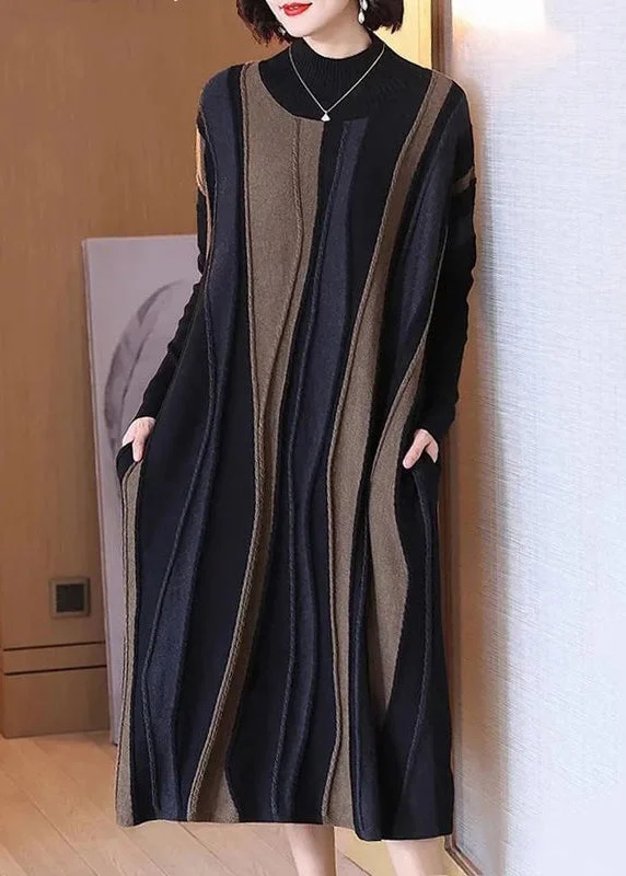 Mini - Length Women's Chunky Knit Sweater Dresses in Bold HuesFrench Black Turtleneck Patchwork Cotton Knit Long Dresses Spring Mini - Length Women's Chunky Knit Sweater Dresses in Bold HuesFrench Black Turtleneck Patchwork Cotton Knit Long Dresses Spring