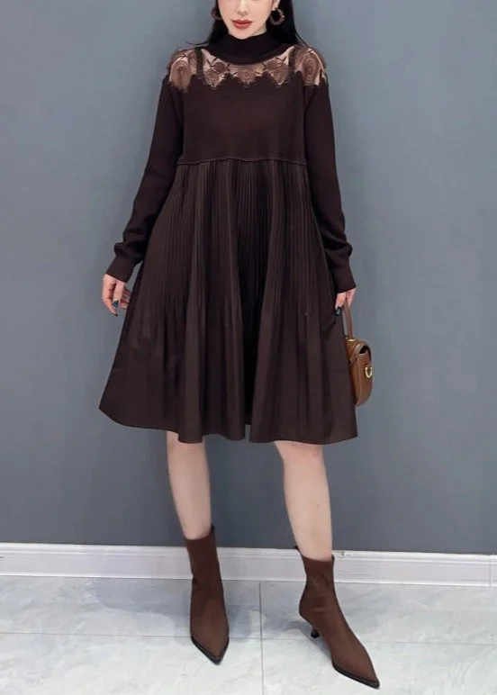 Empire Waist Women's Alpaca Wool Sweater Dresses in Earthy TonesFrench Brown Hollow Out Wrinkled Knit Dresses Long Sleeve Empire Waist Women's Alpaca Wool Sweater Dresses in Earthy TonesFrench Brown Hollow Out Wrinkled Knit Dresses Long Sleeve