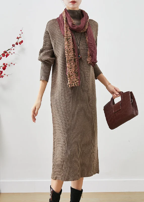 Plus Size Women's Open - Front Cardigan Style Sweater DressesFrench Khaki Turtle Neck Patchwork Knitted Dress Spring Plus Size Women's Open - Front Cardigan Style Sweater DressesFrench Khaki Turtle Neck Patchwork Knitted Dress Spring