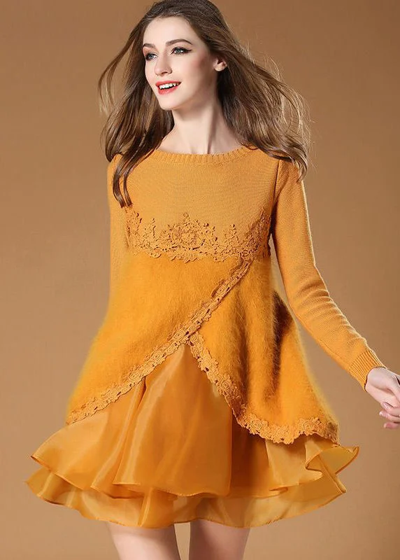 Plus Size Women's Tunic - Style Sweater Dresses with PocketsFrench Yellow Cross Connection Patchwork Organza Knit Dress Spring Plus Size Women's Tunic - Style Sweater Dresses with PocketsFrench Yellow Cross Connection Patchwork Organza Knit Dress Spring