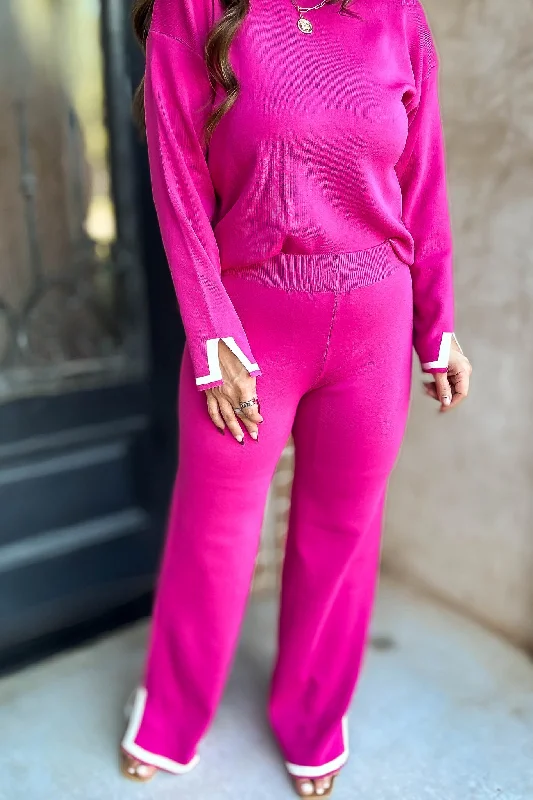 Long - sleeve sweater pants for extra coverageFuchsia Contrast Detail Sweater Pants Long - sleeve sweater pants for extra coverageFuchsia Contrast Detail Sweater Pants