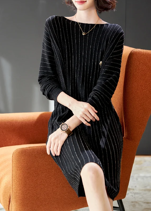 Plus Size Women's Turtleneck Sweater Dresses with Side SlitsHandmade Black Striped Knit Pullover Streetwear Dress Spring Plus Size Women's Turtleneck Sweater Dresses with Side SlitsHandmade Black Striped Knit Pullover Streetwear Dress Spring