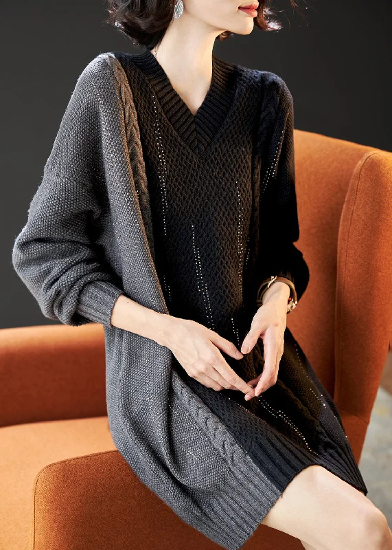 Plus Size Women's Open - Front Cardigan Style Sweater DressesHandmade Colorblock V Neck Patchwork Knit Long Sweater Winter Plus Size Women's Open - Front Cardigan Style Sweater DressesHandmade Colorblock V Neck Patchwork Knit Long Sweater Winter