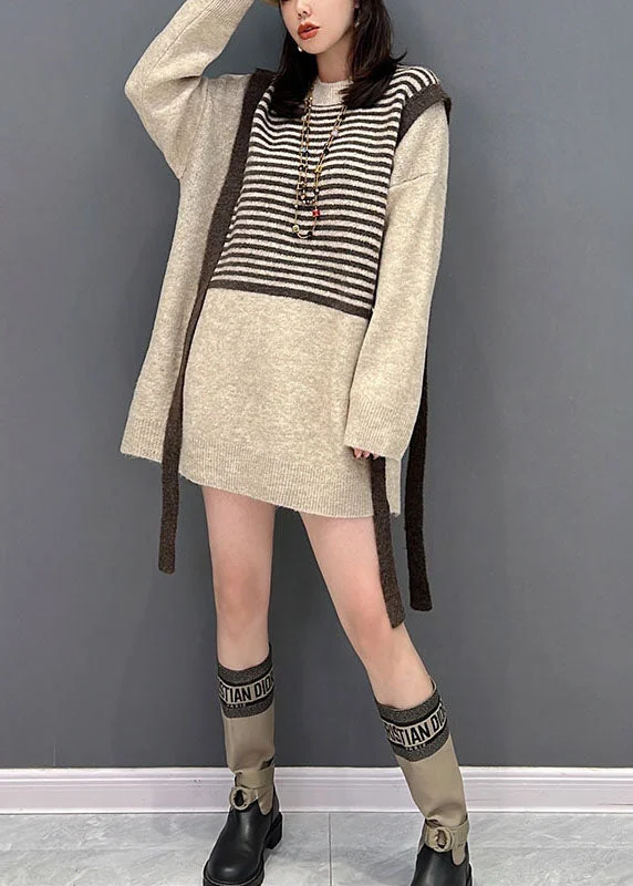 Women's Off - Shoulder Chunky Knit Sweater Dresses in Earth TonesHandmade Khaki Patchwork Striped Knit Long Sweater Winter Women's Off - Shoulder Chunky Knit Sweater Dresses in Earth TonesHandmade Khaki Patchwork Striped Knit Long Sweater Winter