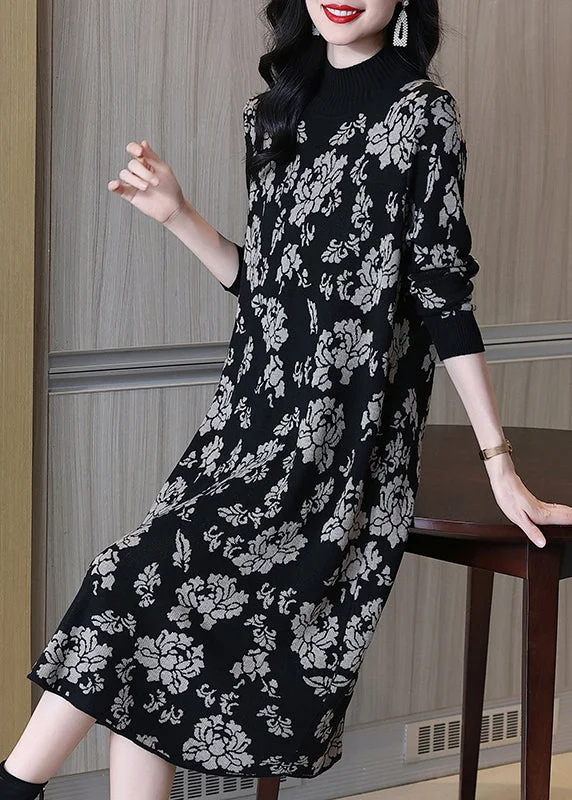 Wrap - Style Women's Lambswool Sweater Dresses in Elegant ShadesJacquard Black Turtleneck Patchwork Cotton Knit Long Dress Long Sleeve Wrap - Style Women's Lambswool Sweater Dresses in Elegant ShadesJacquard Black Turtleneck Patchwork Cotton Knit Long Dress Long Sleeve