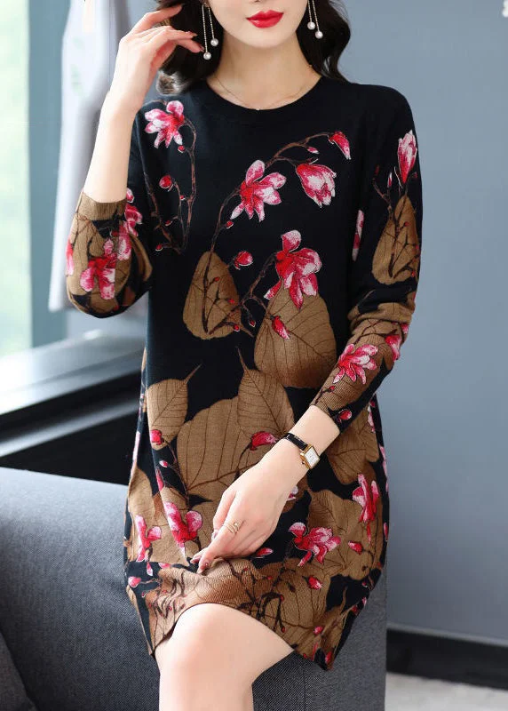 Empire Waist Women's Alpaca Wool Sweater Dresses in Earthy TonesLoose Black O-Neck Print Knit Mid Dress Spring Empire Waist Women's Alpaca Wool Sweater Dresses in Earthy TonesLoose Black O-Neck Print Knit Mid Dress Spring