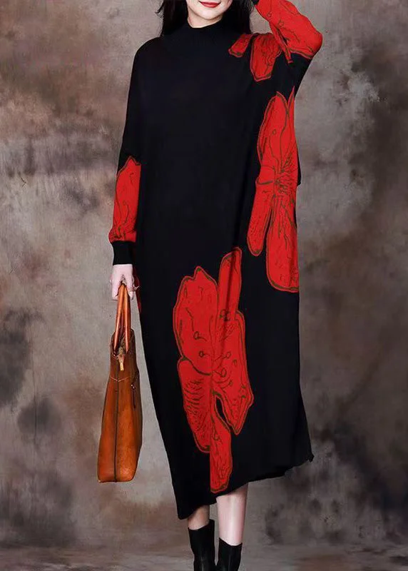 Mini - Length Women's Chunky Knit Sweater Dresses in Bold HuesLoose Red O Neck Print Knitting Cotton Long Dresses Spring Mini - Length Women's Chunky Knit Sweater Dresses in Bold HuesLoose Red O Neck Print Knitting Cotton Long Dresses Spring