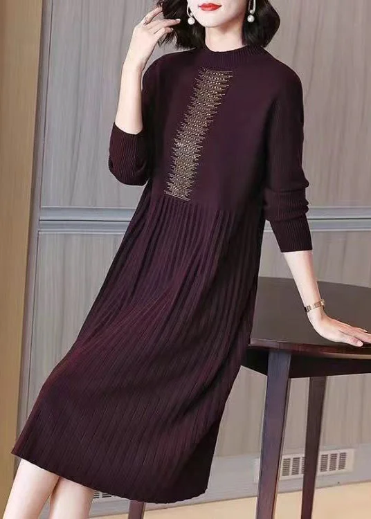 Plus Size Women's Turtleneck Sweater Dresses with Side SlitsLoose Wine Red Zircon Wrinkled Cotton Knit Dress Long Sleeve Plus Size Women's Turtleneck Sweater Dresses with Side SlitsLoose Wine Red Zircon Wrinkled Cotton Knit Dress Long Sleeve