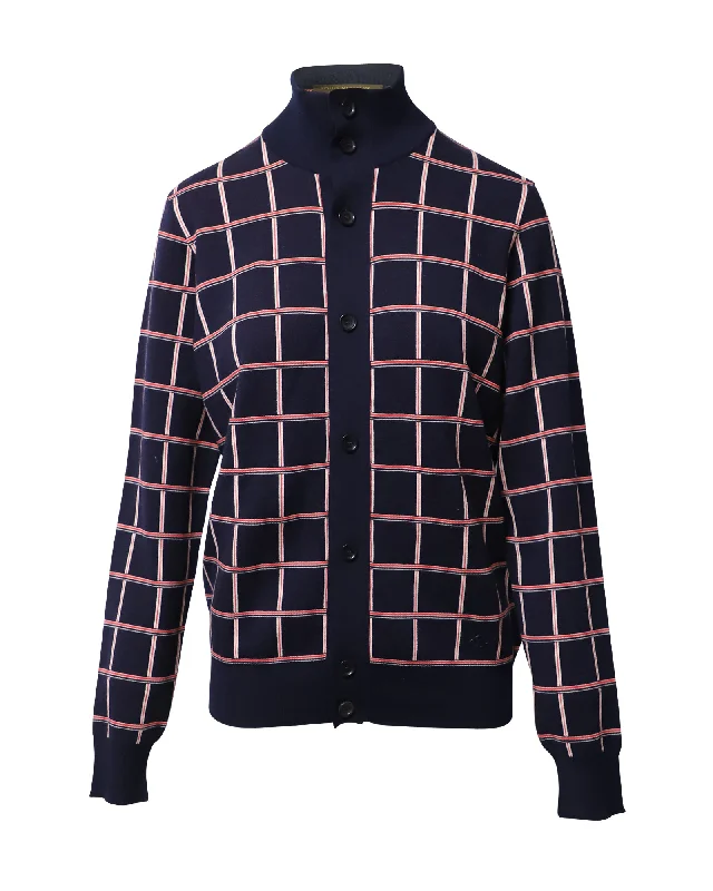 Plus Size Women's Tunic - Style Sweater Dresses with PocketsLouis Vuitton Jacquard Windowpane Check Cardigan in Navy Blue Wool Plus Size Women's Tunic - Style Sweater Dresses with PocketsLouis Vuitton Jacquard Windowpane Check Cardigan in Navy Blue Wool