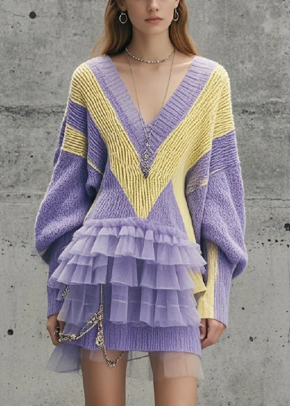 Midi - Length Women's Shetland Wool Sweater Dresses in Traditional PatternsModern Lavender V Neck Patchwork Tulle Long Sweater Fall Midi - Length Women's Shetland Wool Sweater Dresses in Traditional PatternsModern Lavender V Neck Patchwork Tulle Long Sweater Fall